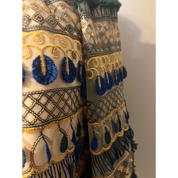 Alice + Olivia Top M Medium Off Shoulder Blue Gold Fringe Sequins - Picture 3 of 11